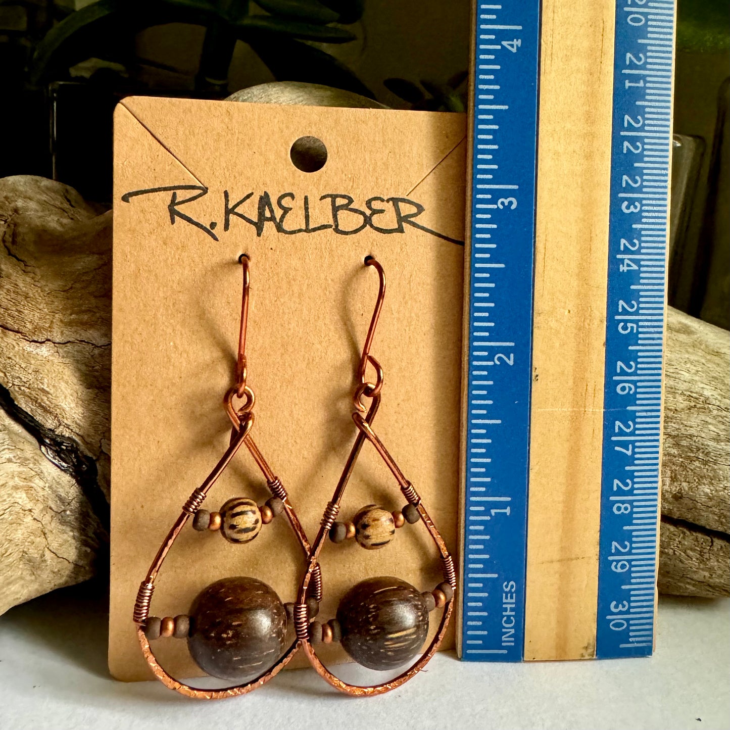 Wood and Copper Teardrop Earrings - R.Kaelber Art