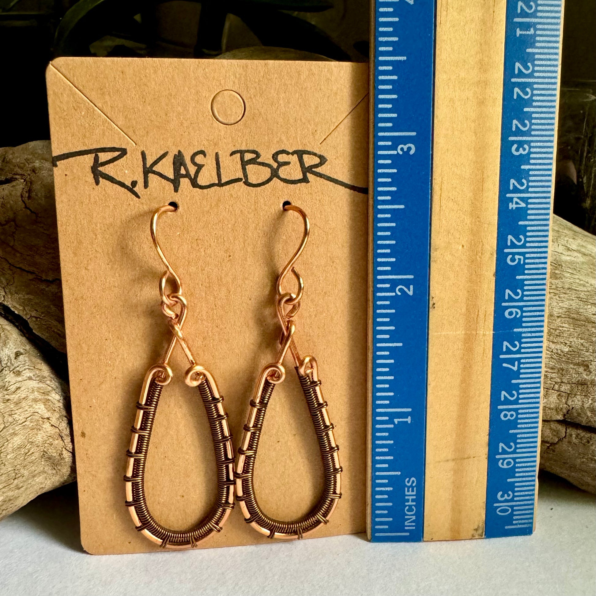 Copper and Antique Bronze Teardrop Wire Wrap Earrings - R.Kaelber Art