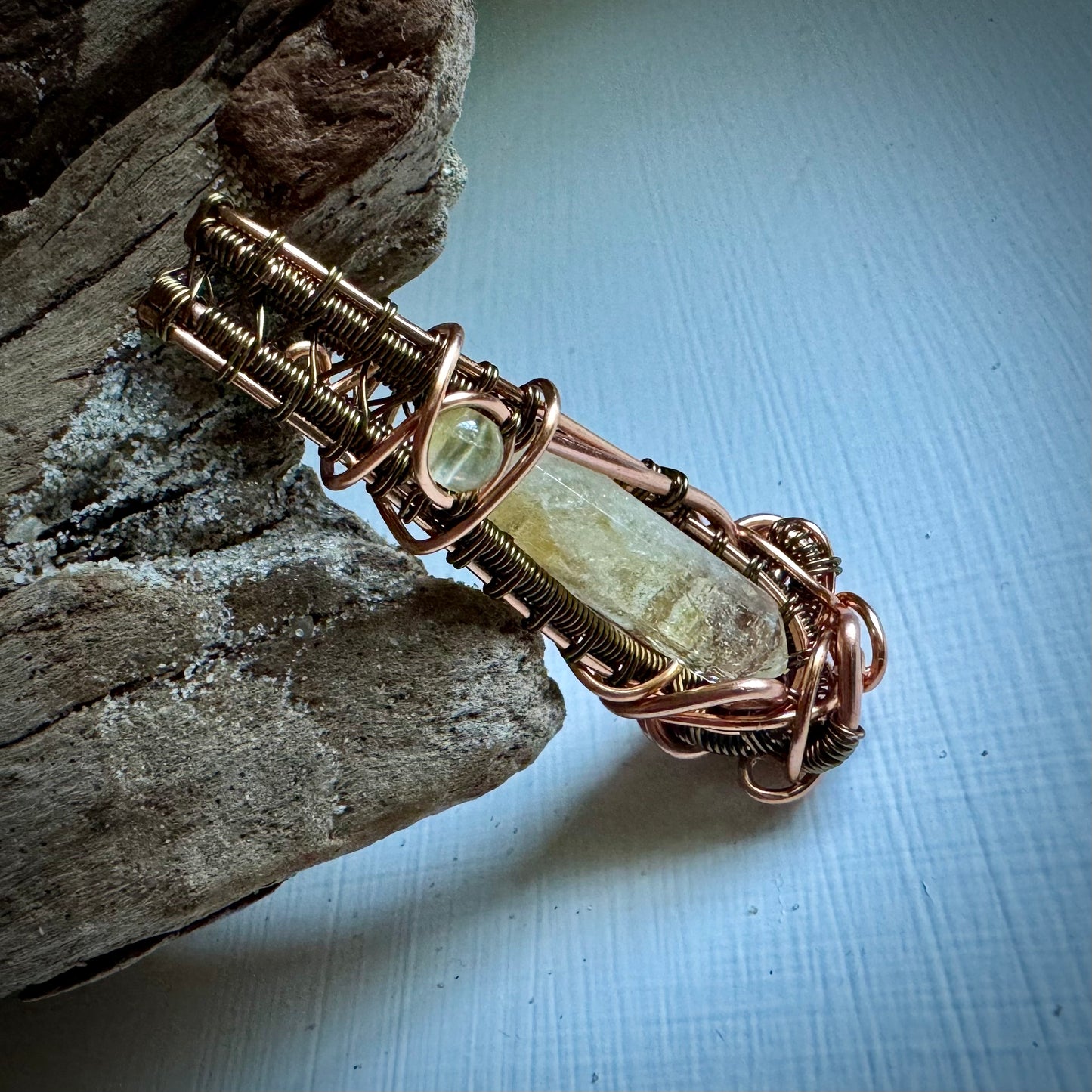 Prehnite and Citrine Pendant Wrapped in Antique Copper and Bronze - R.Kaelber Art