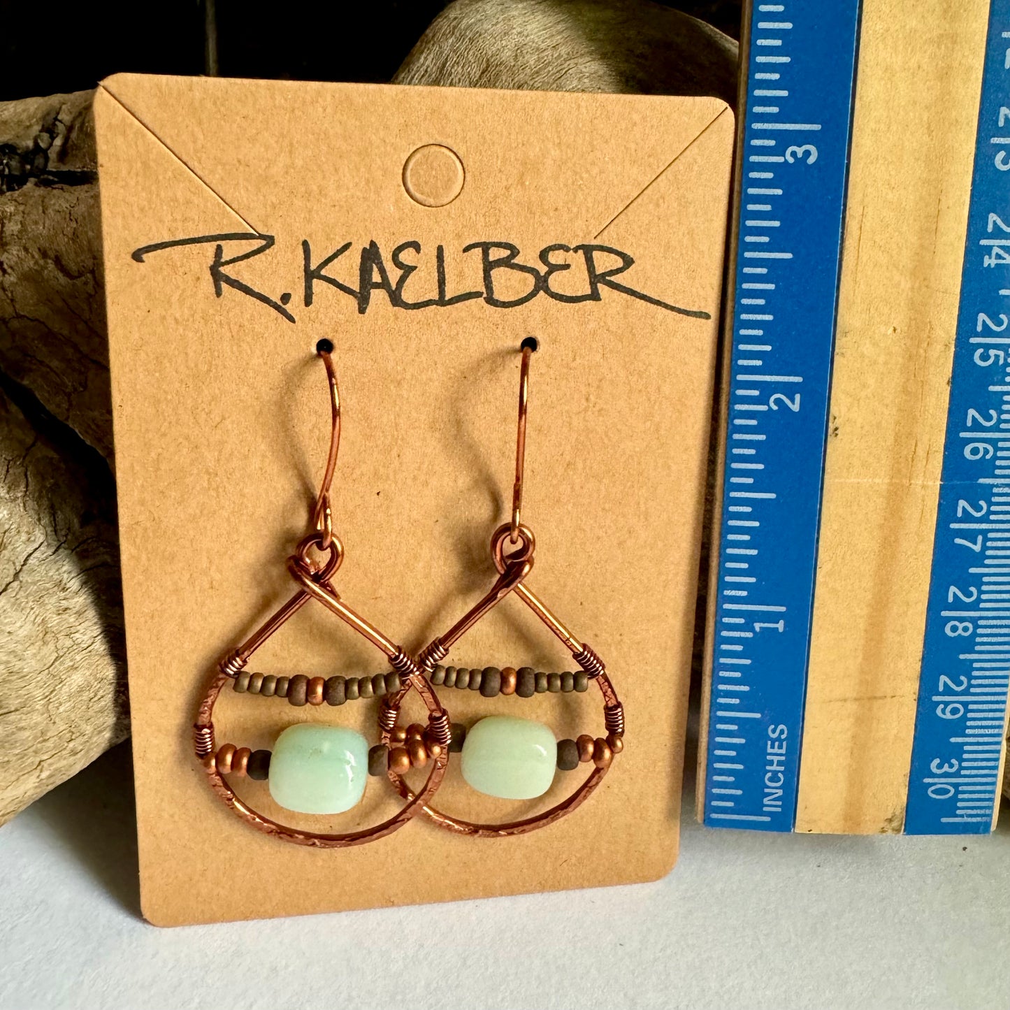 Amazonite Teardrop Earrings with Copper and Seedbeads - R.Kaelber Art