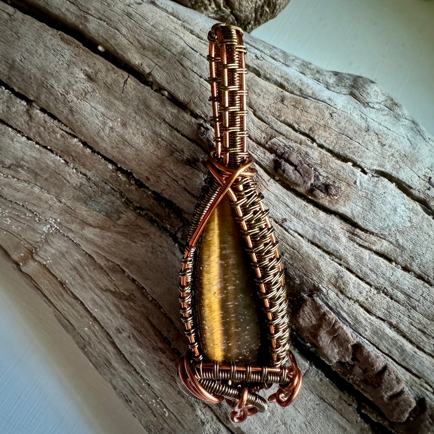 Tiger’s Eye Pendant Wrapped in Copper and Antique Bronze - R.Kaelber Art