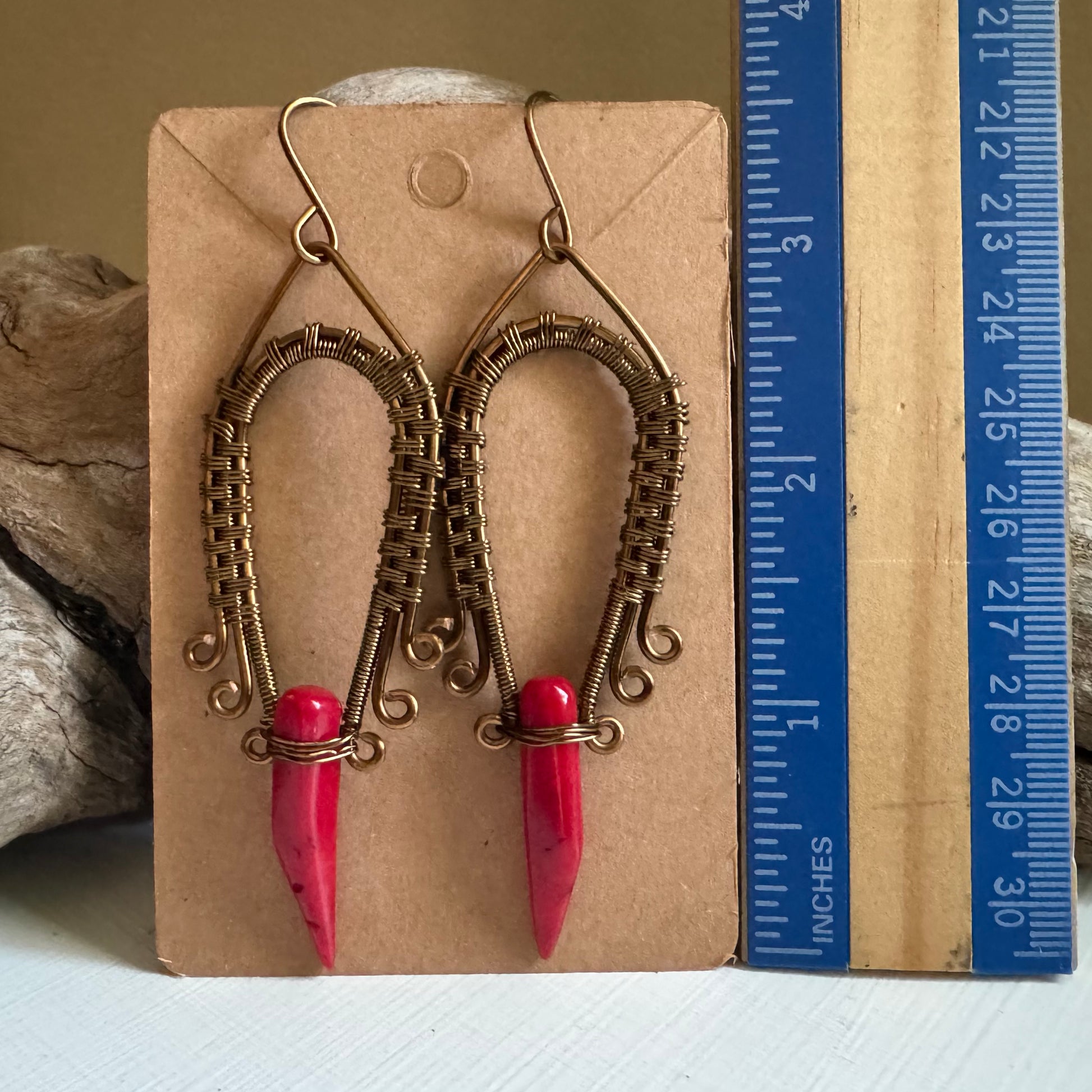 Coral and Antique Bronze Wrapped Dangle Earrings - R.Kaelber Art