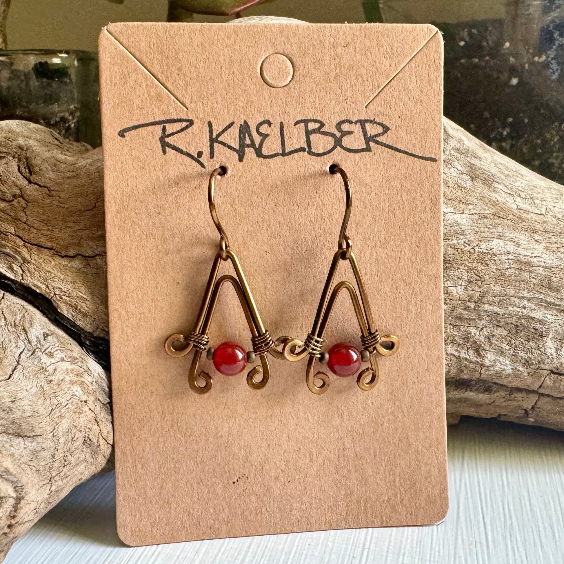 Carnelian and Antique Bronze A-Frame Earrings - R.Kaelber Art