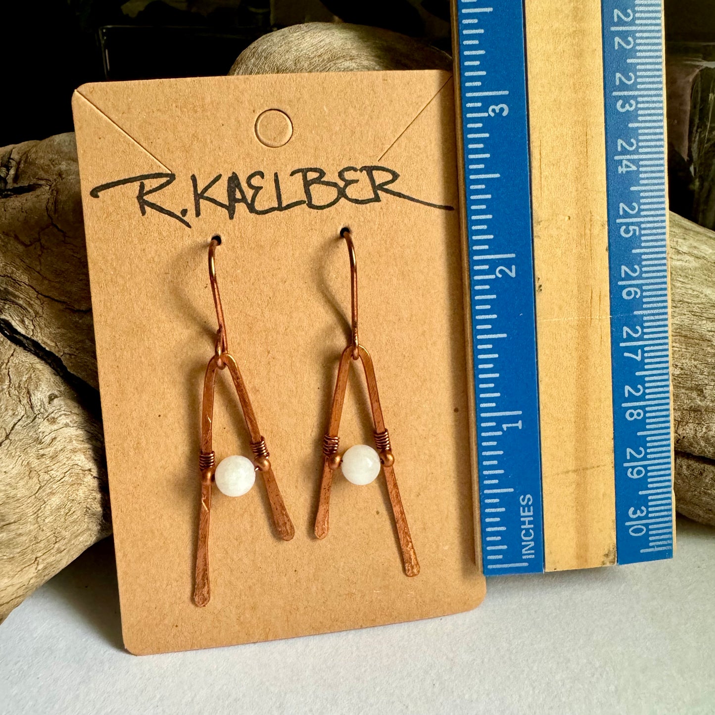 Rainbow Moonstone and Copper A-frame Dangle Earrings - R.Kaelber Art