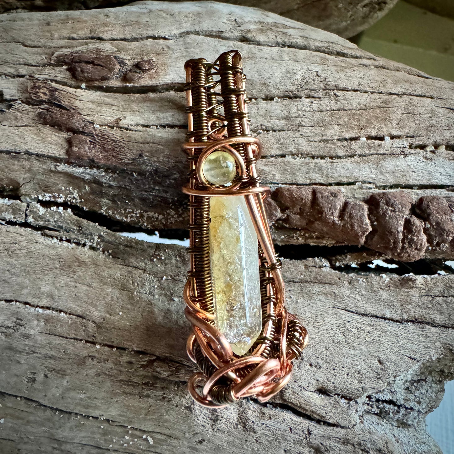 Prehnite and Citrine Pendant Wrapped in Antique Copper and Bronze - R.Kaelber Art