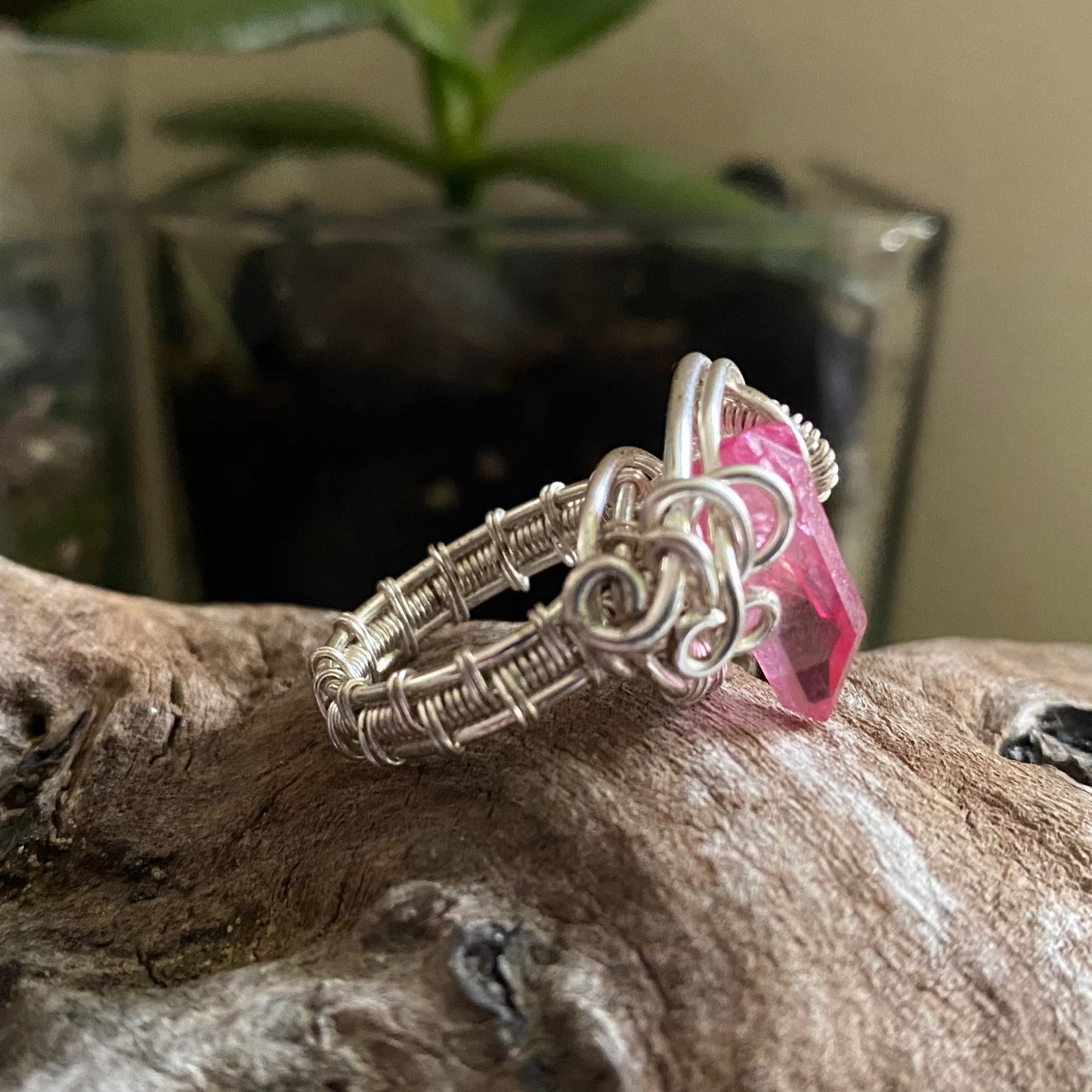 Rose Aura Quartz and Silver over Copper Ring Size 5.5 - R.Kaelber Art