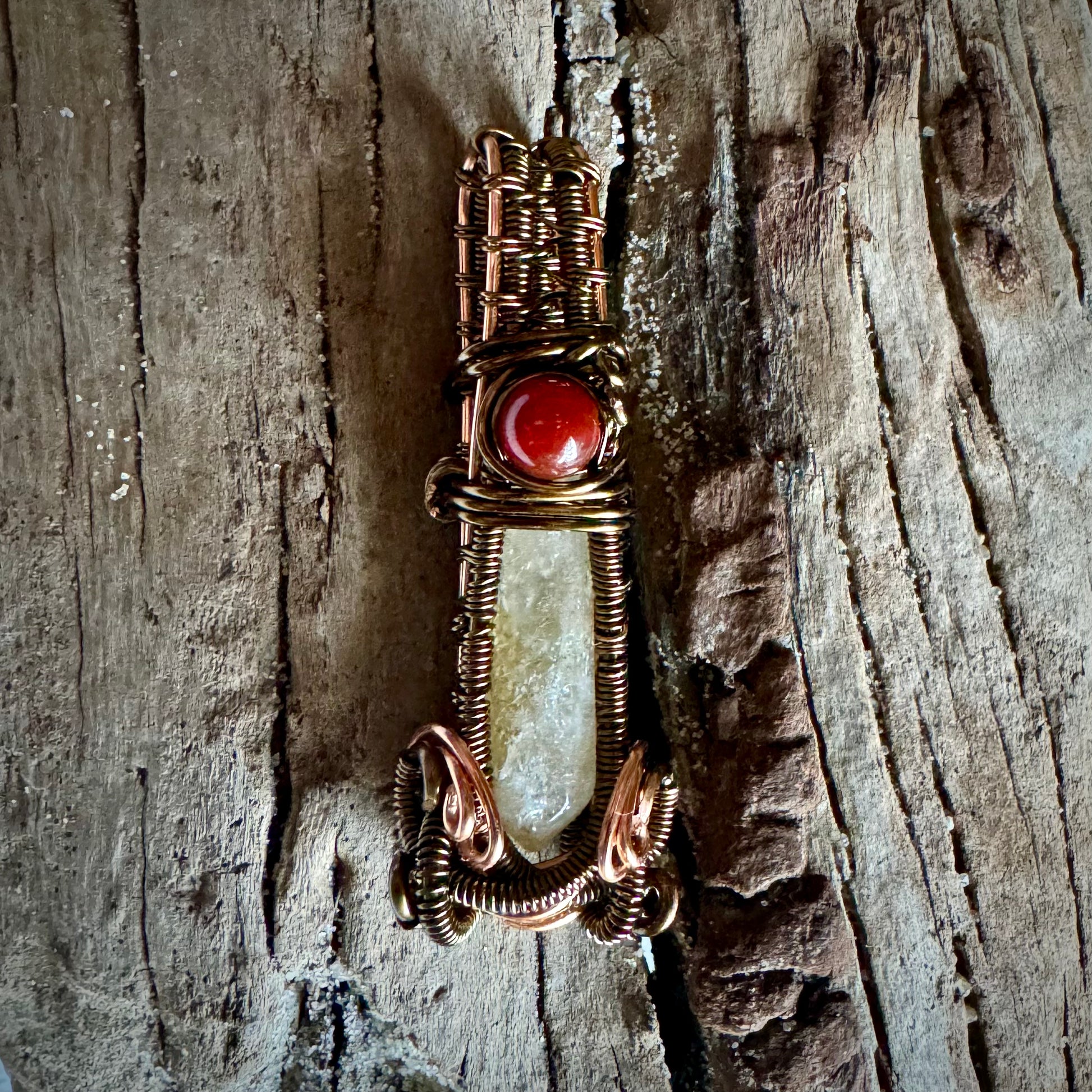 Citrine and Carnelian Wire Wrapped Pendant with Copper and Antique Bronze - R.Kaelber Art