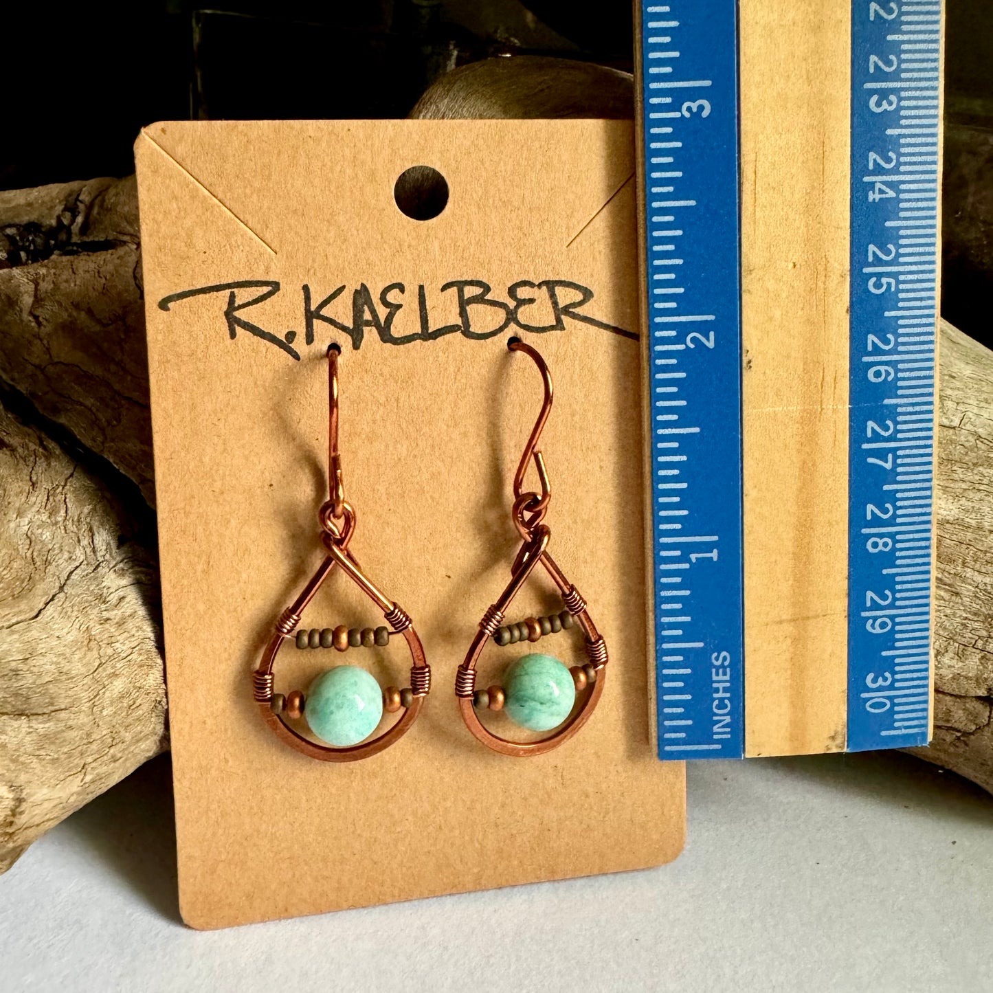 Amazonite Teardrop Earrings with Copper and Seedbeads - R.Kaelber Art