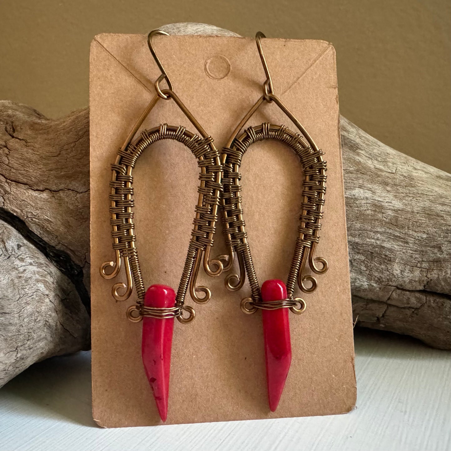 Coral and Antique Bronze Wrapped Dangle Earrings - R.Kaelber Art