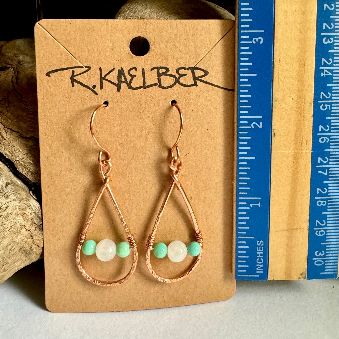 Green Opal and Rainbow Moonstone Teardrop Copper Earrings - R.Kaelber Art