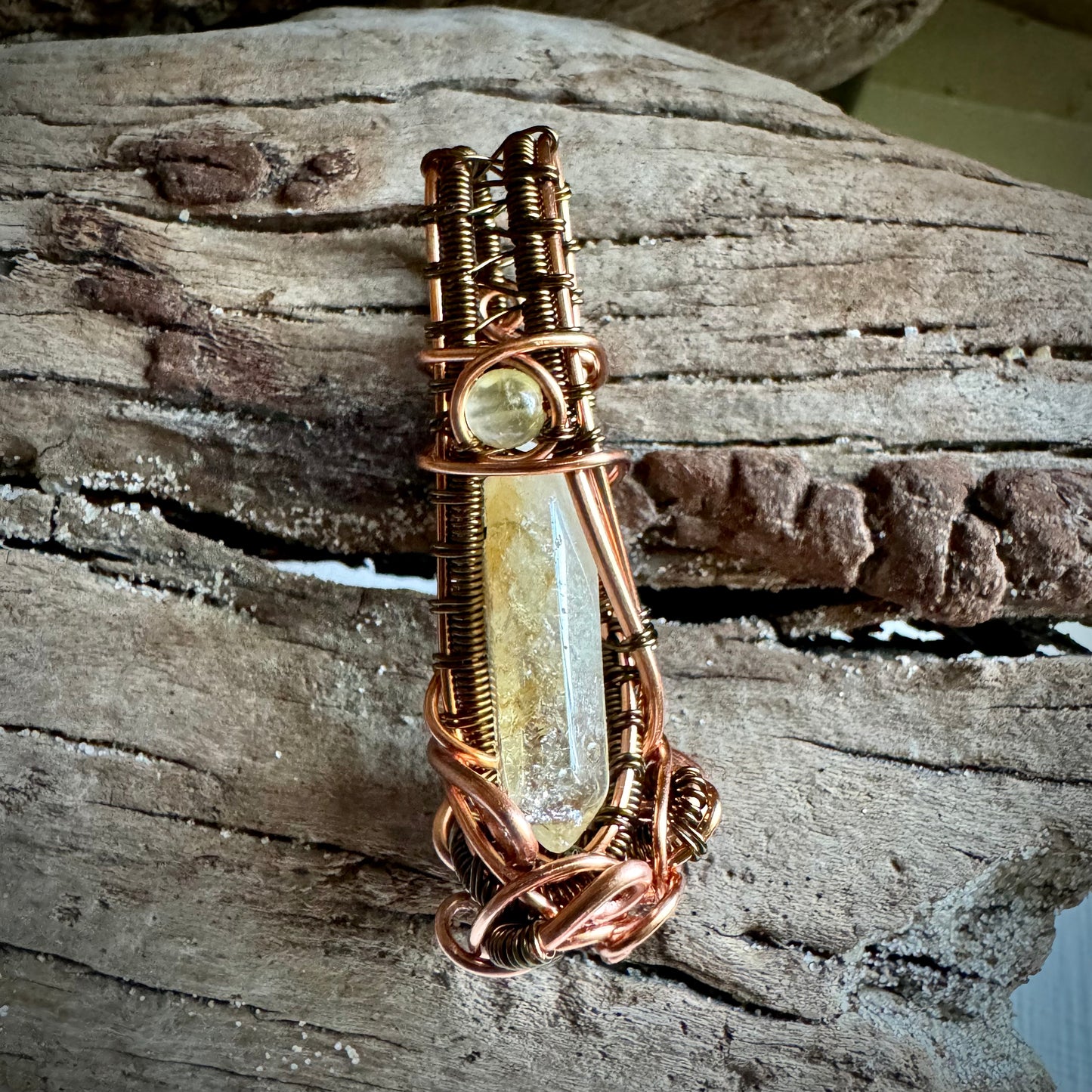 Prehnite and Citrine Pendant Wrapped in Antique Copper and Bronze - R.Kaelber Art