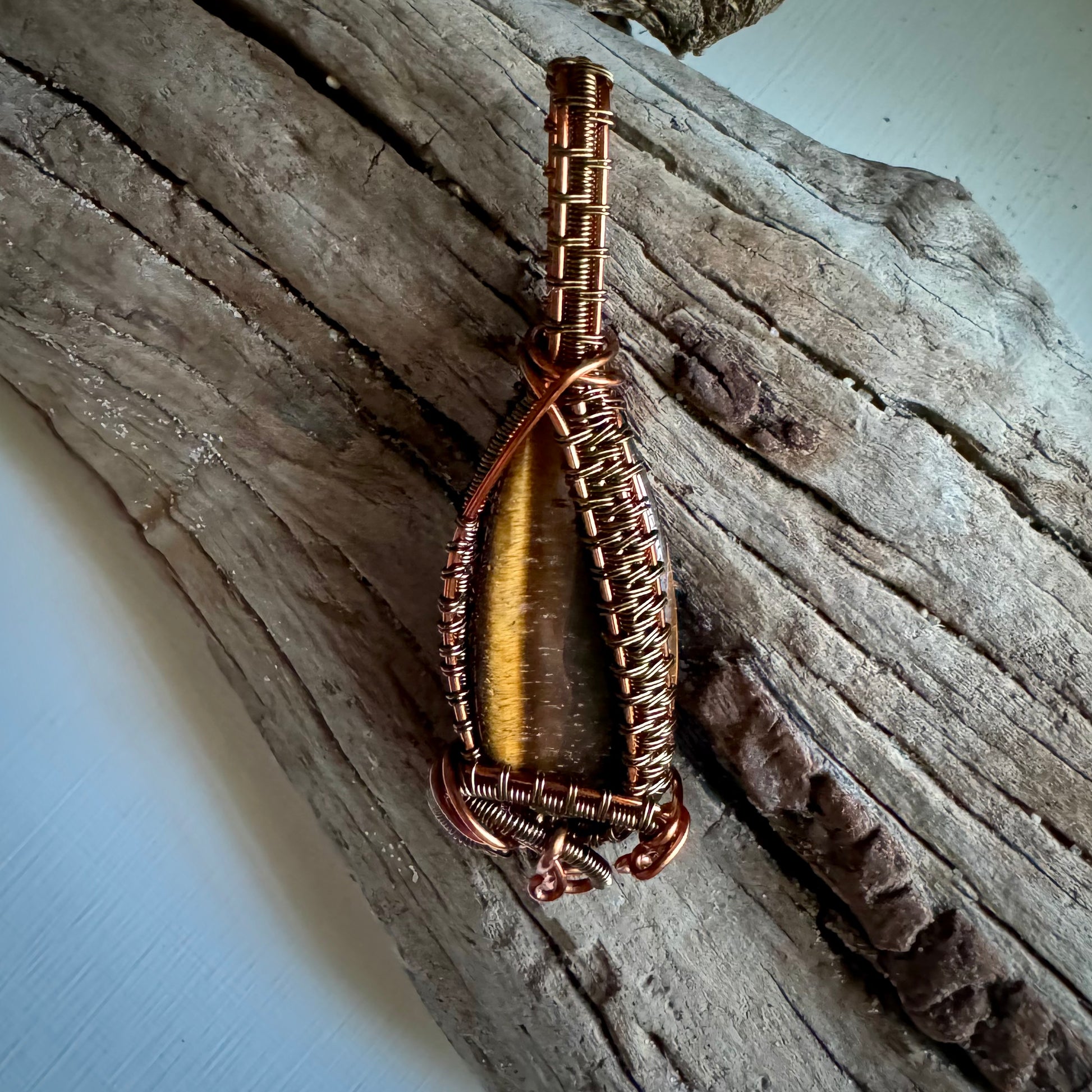 Tiger’s Eye Pendant Wrapped in Copper and Antique Bronze - R.Kaelber Art