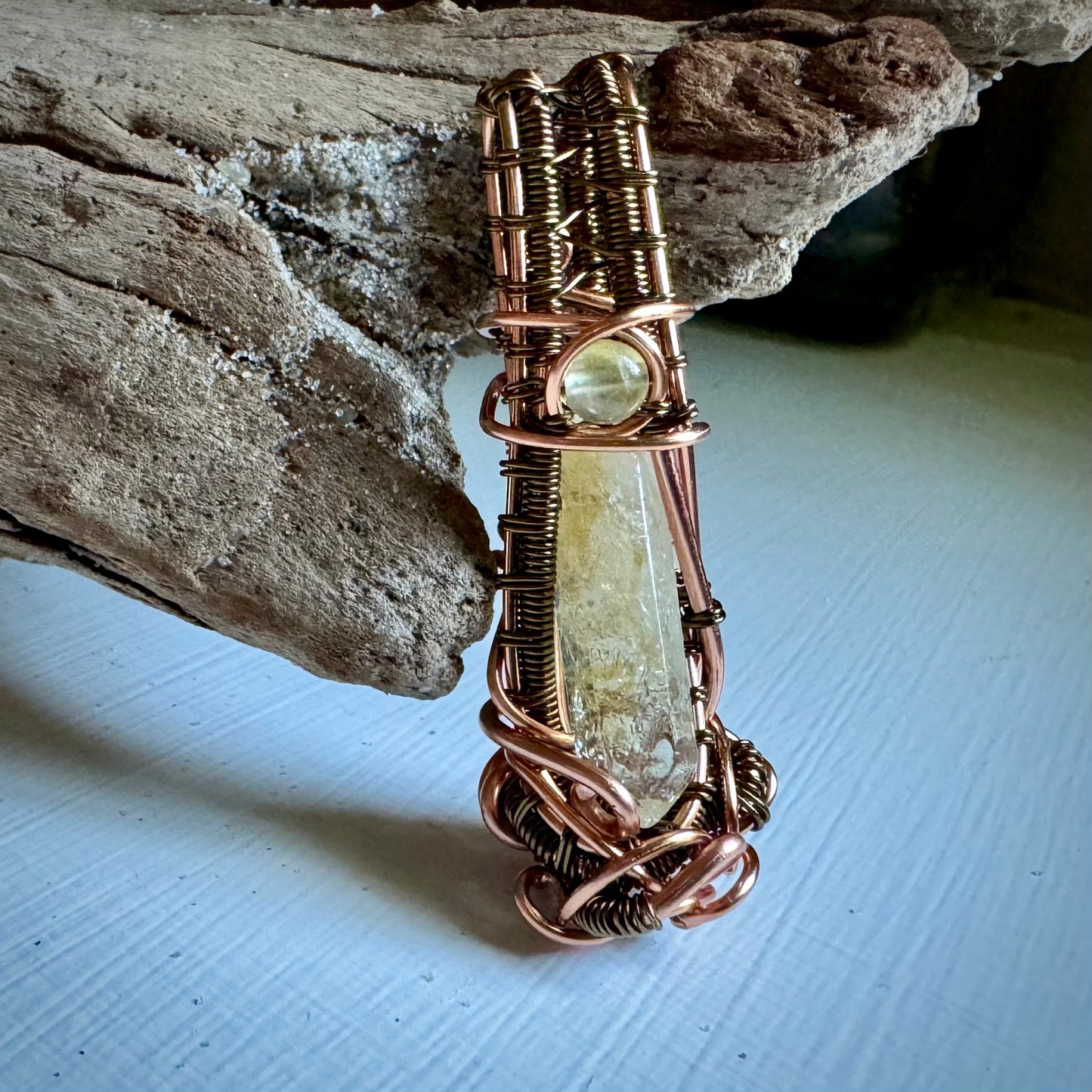 Prehnite and Citrine Pendant Wrapped in Antique Copper and Bronze - R.Kaelber Art