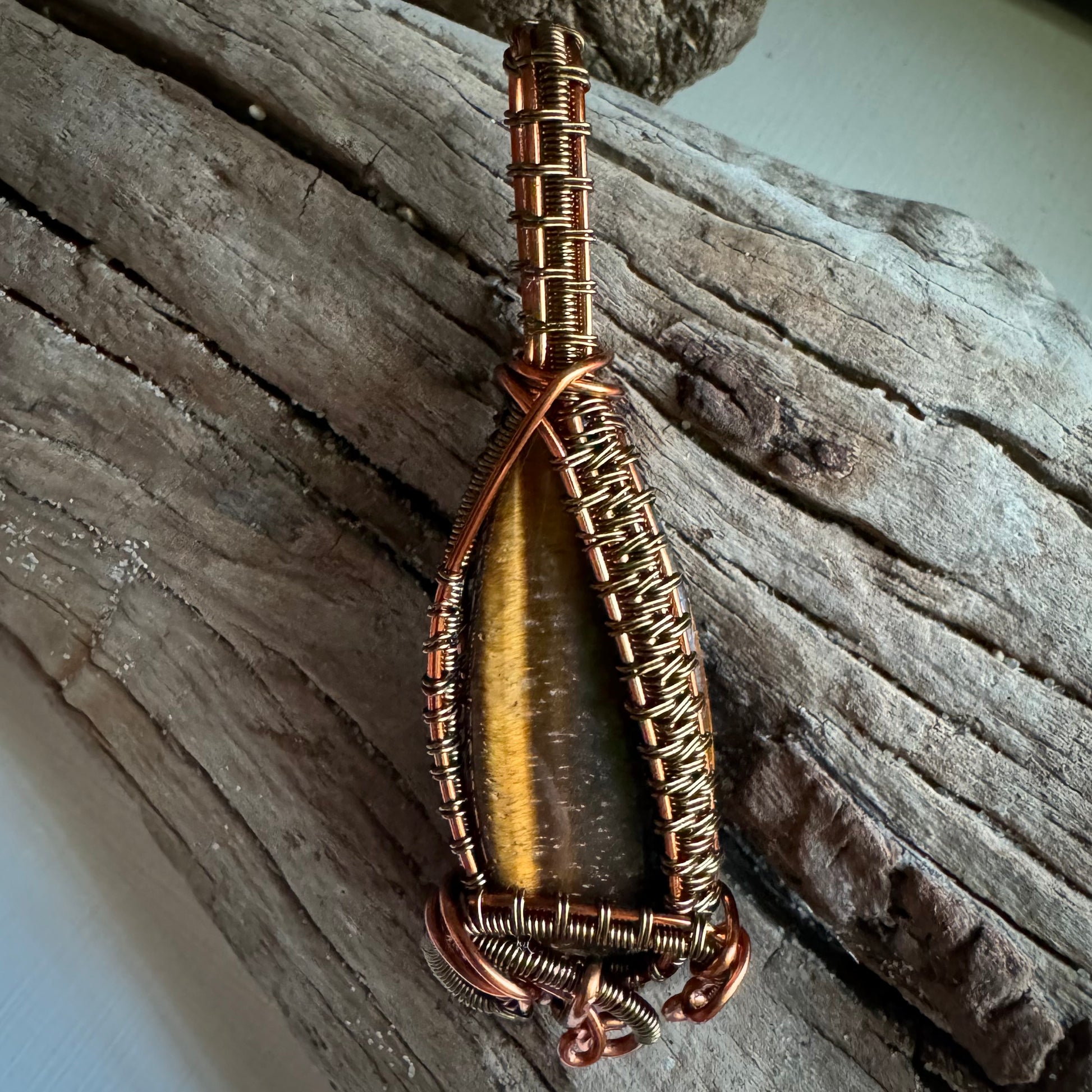 Tiger’s Eye Pendant Wrapped in Copper and Antique Bronze - R.Kaelber Art