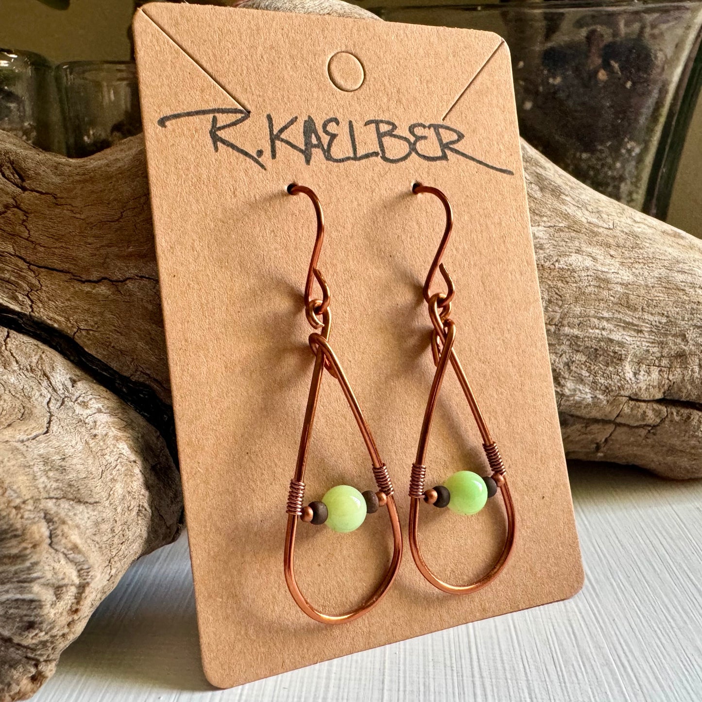 Green Opal and Copper Teardrop Earrings