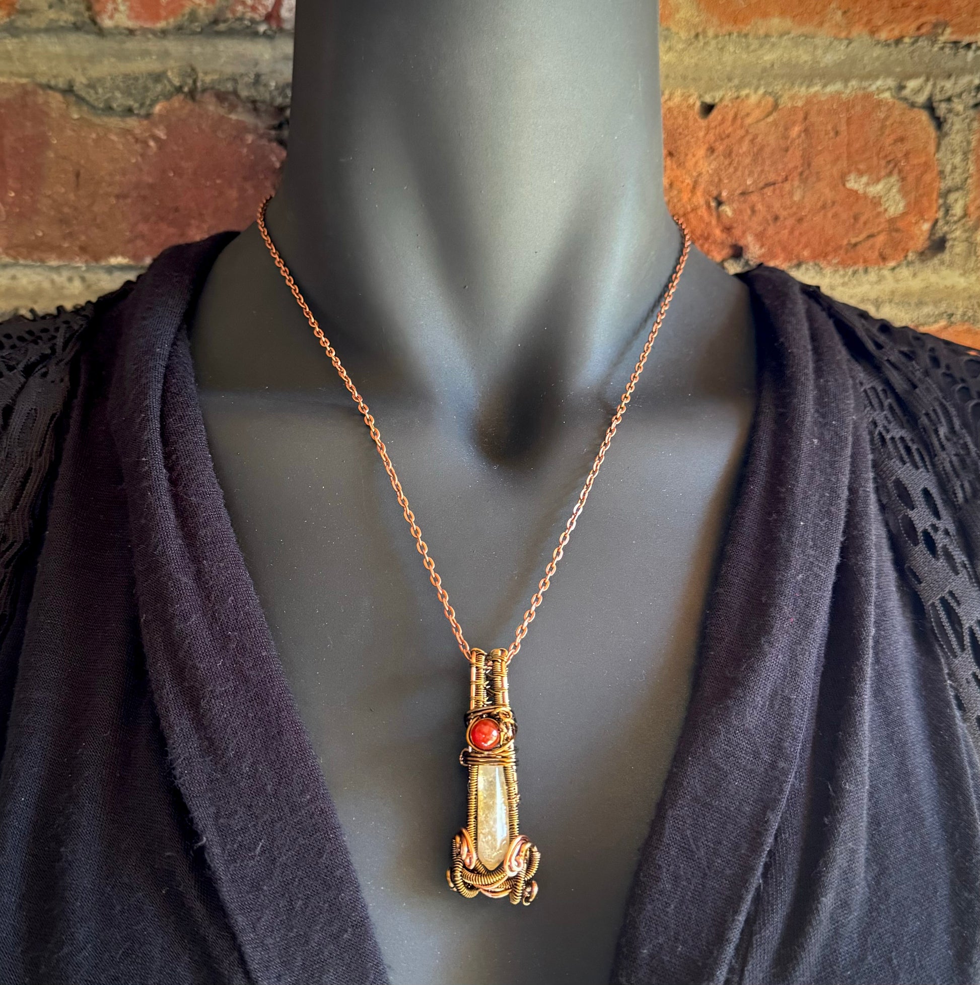 Citrine and Carnelian Wire Wrapped Pendant with Copper and Antique Bronze - R.Kaelber Art