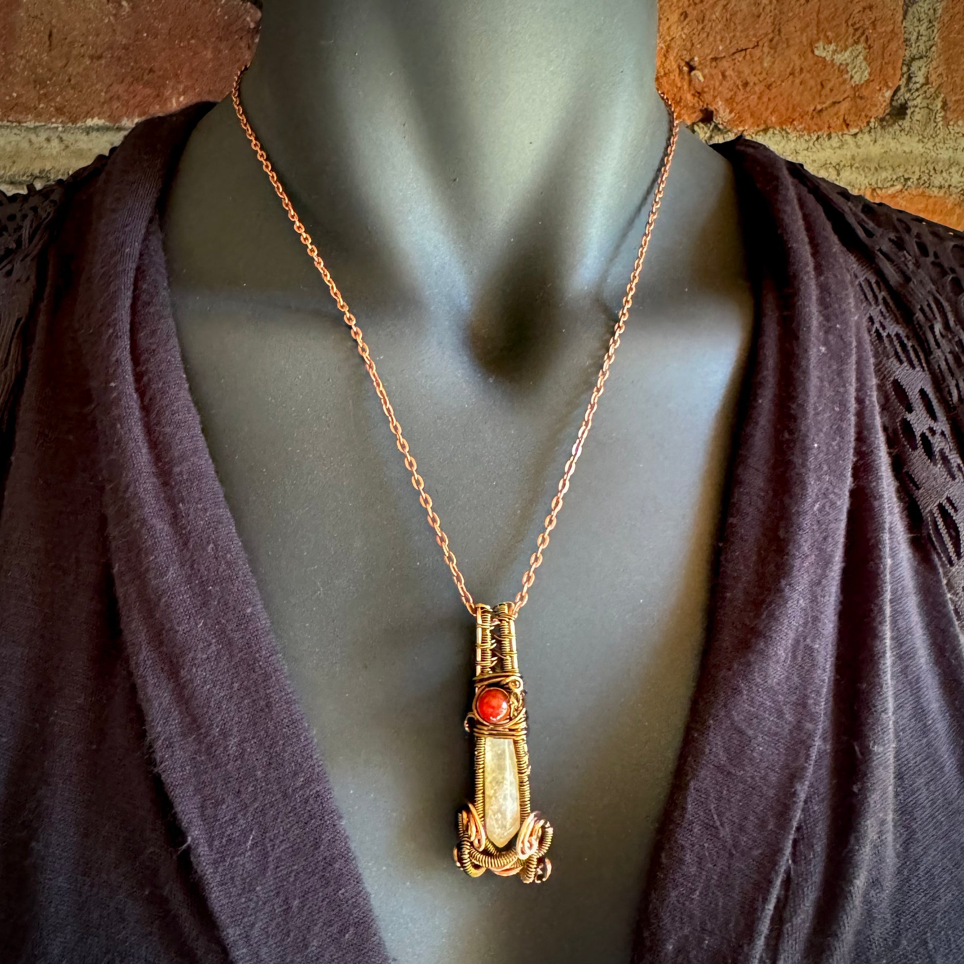 Citrine and Carnelian Wire Wrapped Pendant with Copper and Antique Bronze - R.Kaelber Art