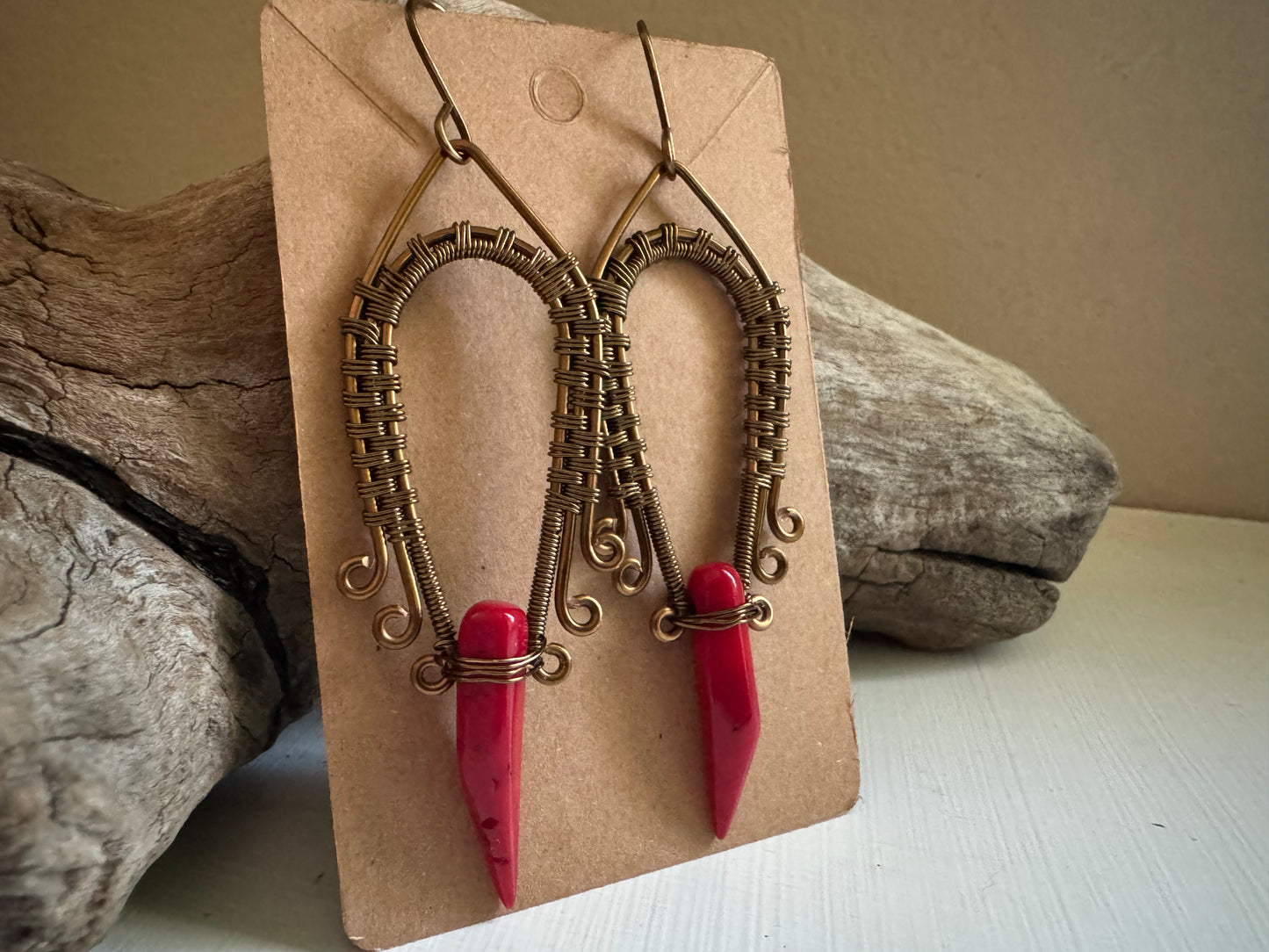 Coral and Antique Bronze Wrapped Dangle Earrings - R.Kaelber Art