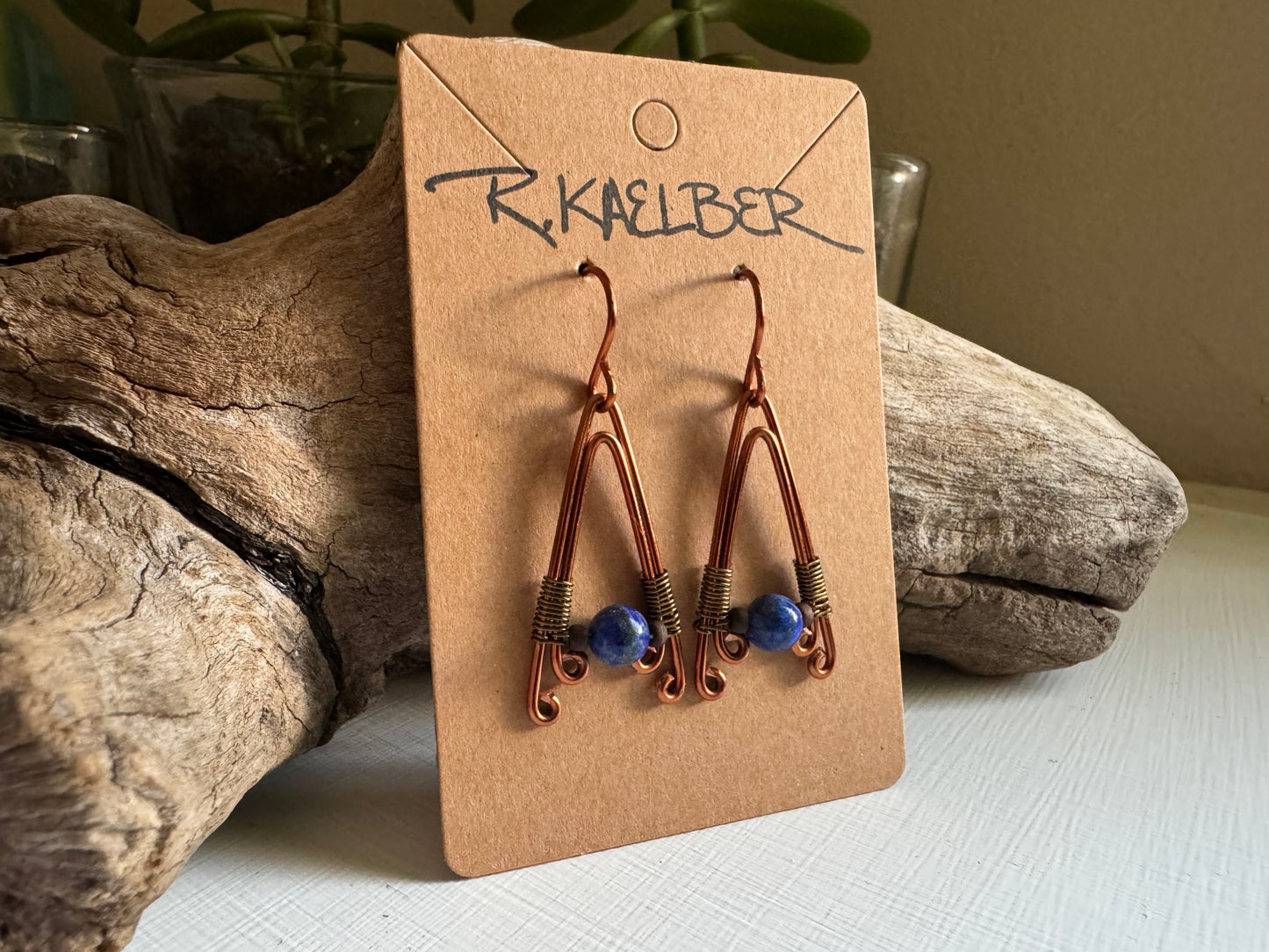 Lapis Lazuli A-Frame Earrings with Antique Copper and Bronze - R.Kaelber Art