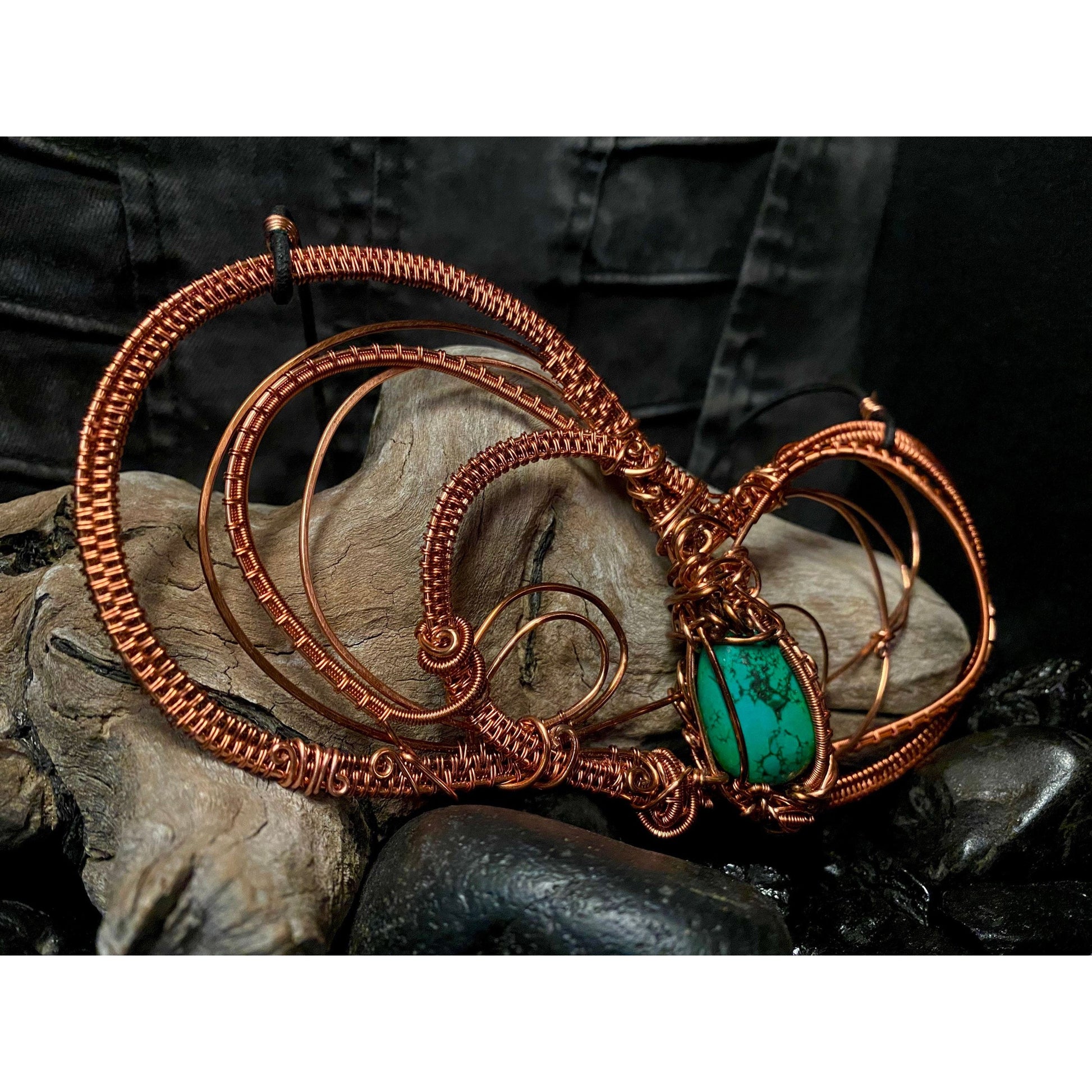 Turquoise Statement Necklace Wire Wrapped in Copper - R.Kaelber Art