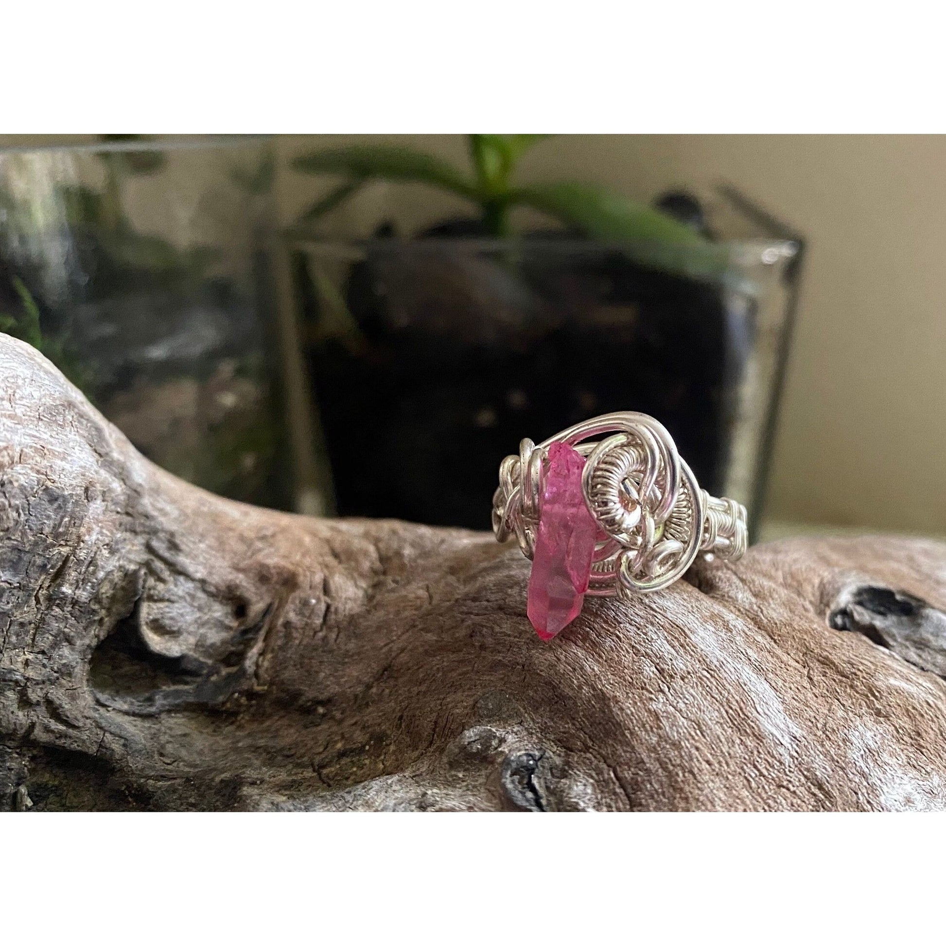 Rose Aura Quartz and Silver over Copper Ring Size 5.5 - R.Kaelber Art