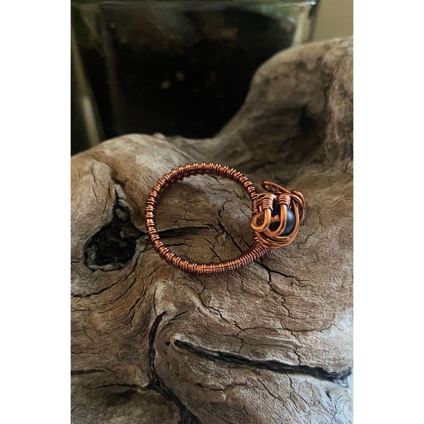 Black Onyx and Copper Wire Wrapped Ring Size 10.5 - R.Kaelber Art