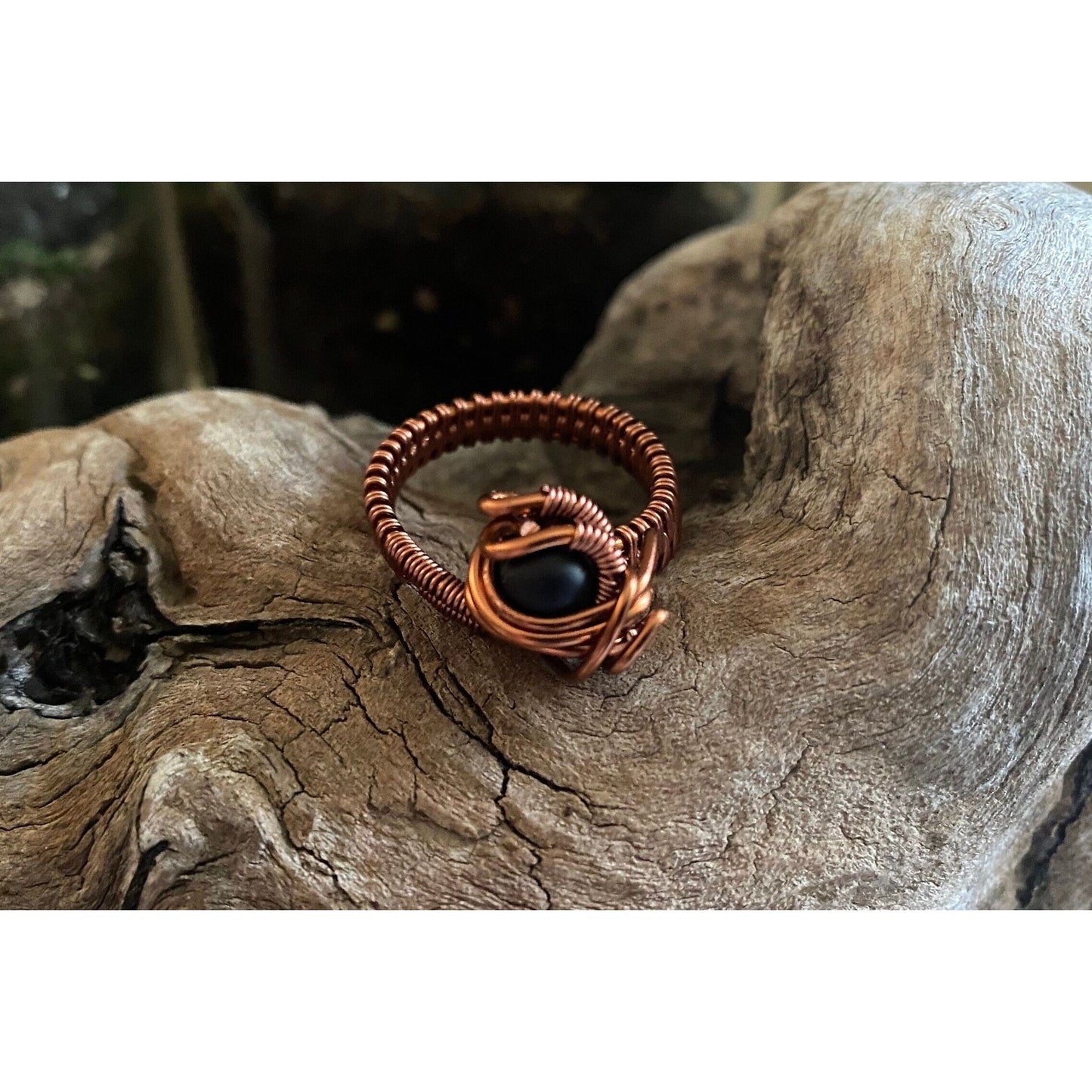 Black Onyx and Copper Wire Wrapped Ring Size 10.5 - R.Kaelber Art